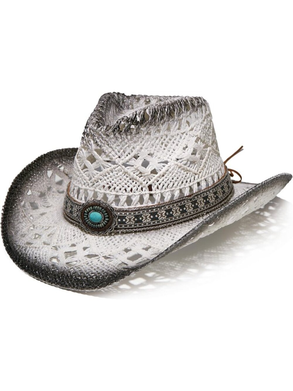 Unisex White Grey Western Straw Raffia Brim Sun Bands Cowboy Cowgirl Hat